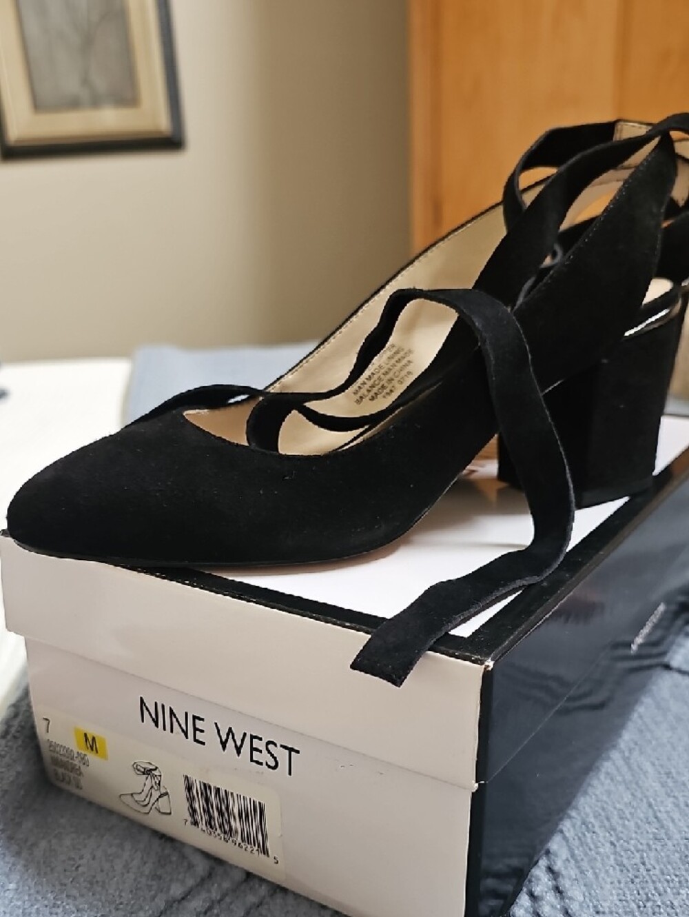 Nine West Black Suede/Leather Ankle-Tie Block Heel Pumps Size 7 Medium